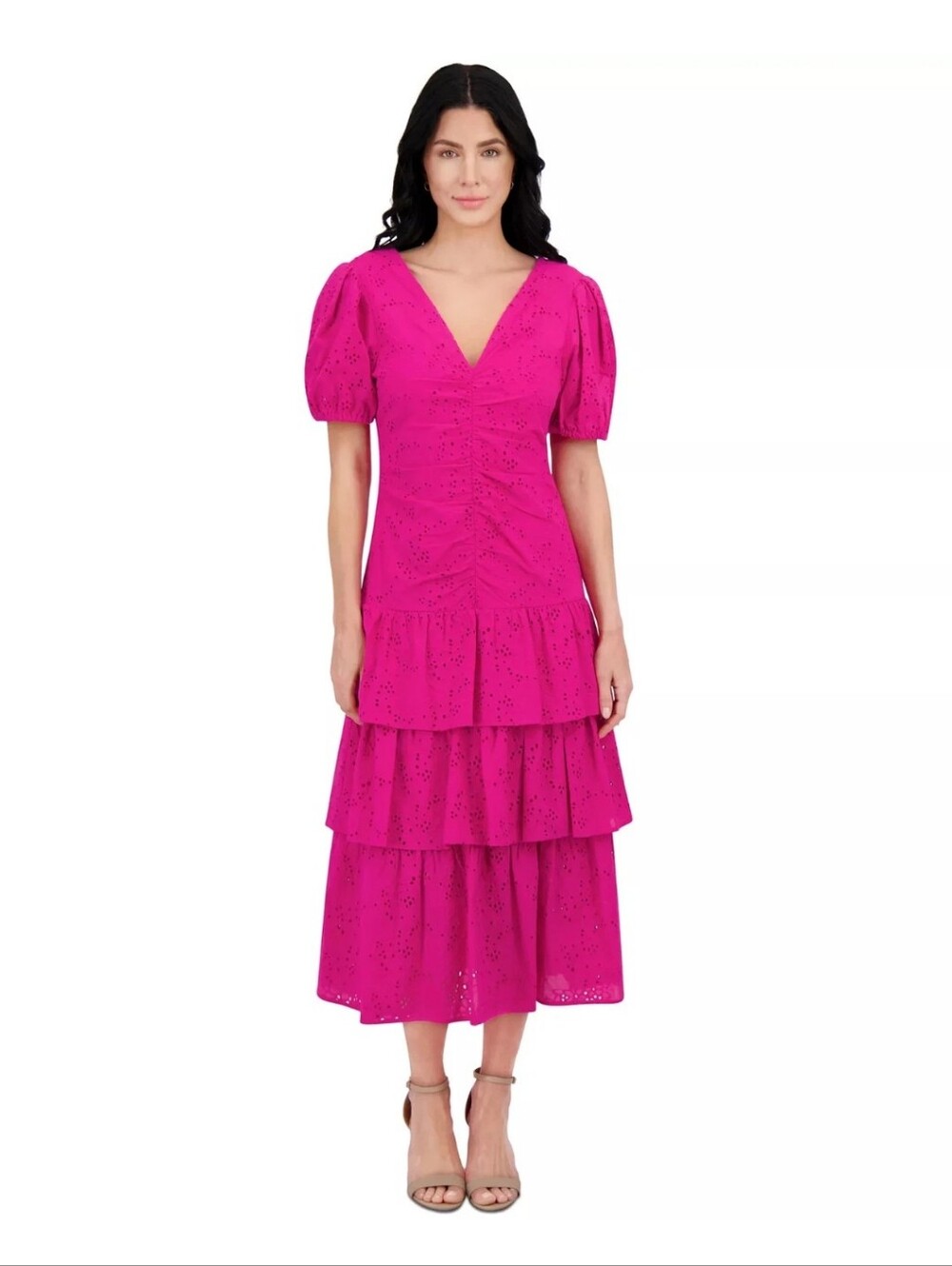 Kensie NWT Hot Pink Eyelet Cotton Tiered Ruffle Midi Dress Size 4 $140 Barbie